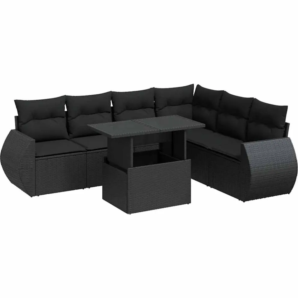 vidaXL 7-delige Loungeset met kussens poly rattan zwart, foto 3