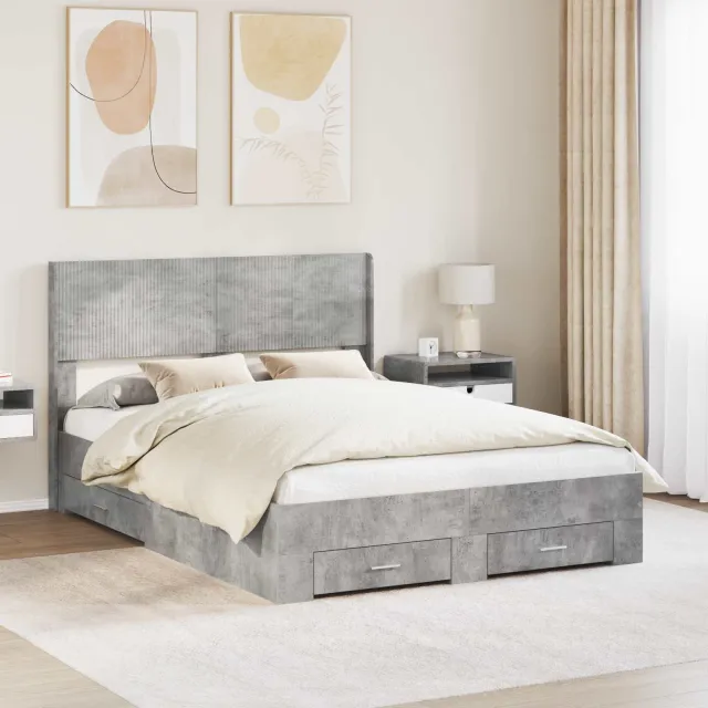 vidaXL Bedframe met opbergruimte en hoofdbord Betongrijs 140 x 200 cm