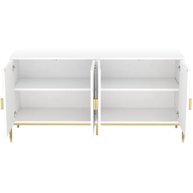 Ropilly Dressoir - 162 x 40 x 80 cm - Met 4 deuren - Wit met geometrisch patroon en gouden handgrepen - Metalen poten voor woonkamer, eetkamer of hal
