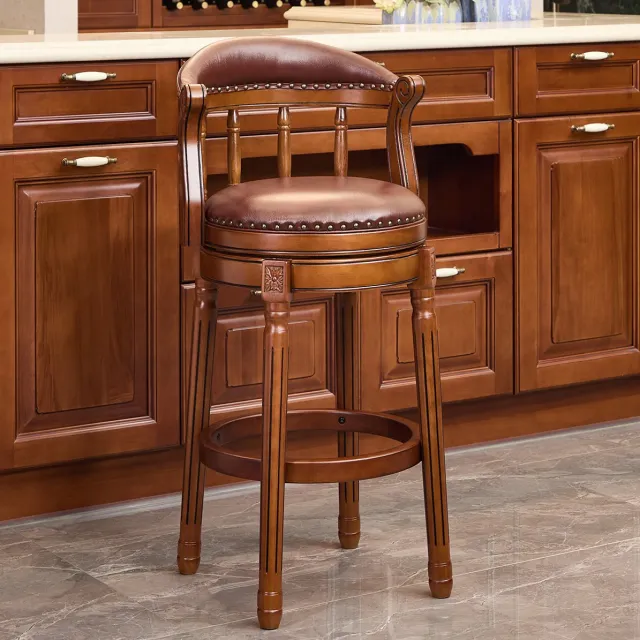 MEUNIQ barkruk van hout en leer, 96 cm hoog, 360° draaibaar met rugleuning en gewatteerde zitting voor keuken, woonkamer of bar, bruin