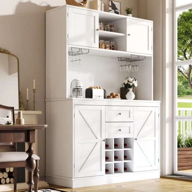COVREO Keukenkast 120 x 40 x 188 cm - 4 deuren, 2 lades, wijnrek en verstelbare planken, wit