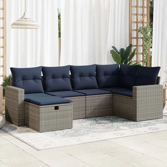 vidaXL 6-delige Loungeset met kussens poly rattan grijs, foto 2