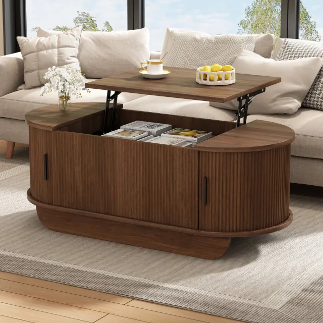 OKWISH Salontafel - Verstelbaar Tafelblad en Opbergruimte - Voor Woonkamer en Bank - MDF in Walnootlook - 100 x 50 x 42 cm