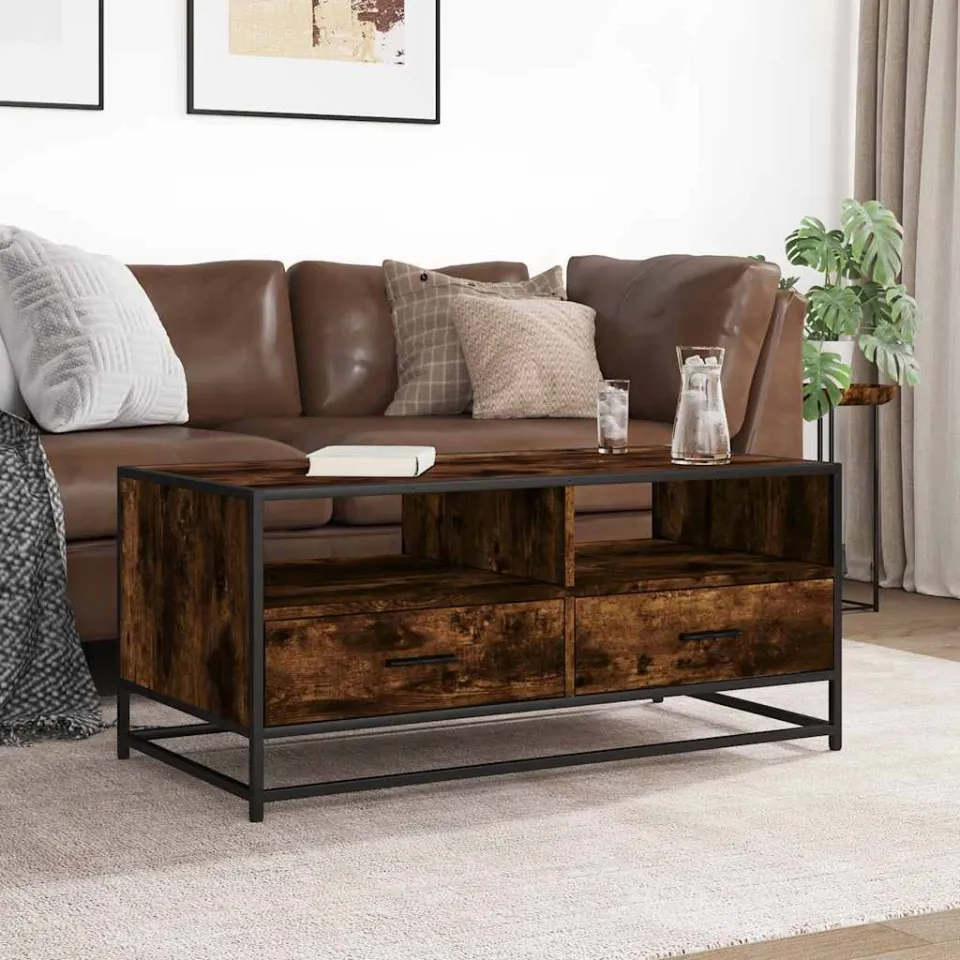 vidaXL Salontafel 100x50x45 cm bewerkt hout en metaal gerookt eiken, foto 3