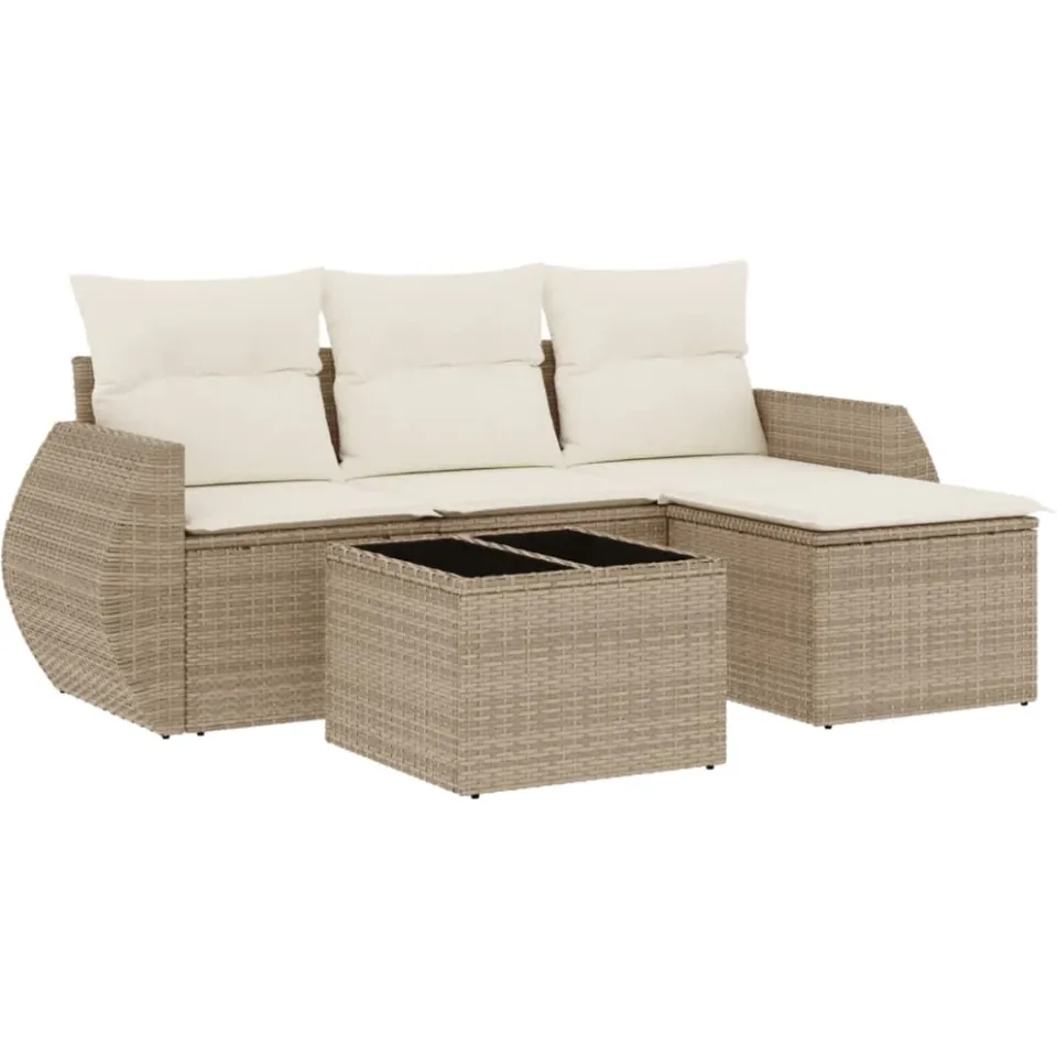 vidaXL 5-delige Loungeset met kussens poly rattan beige, foto 3
