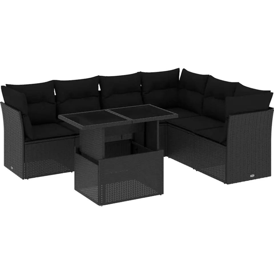 vidaXL 7-delige Loungeset met kussens poly rattan zwart