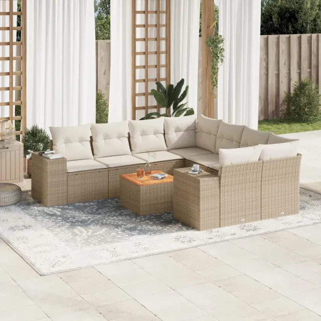 vidaXL 9-delige Loungeset met kussens poly rattan beige, foto 2