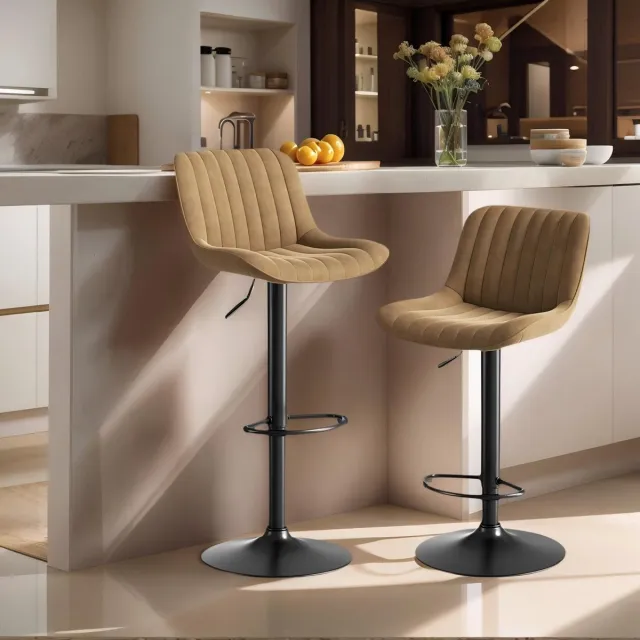 Wishdor Barkruk - In Hoogte Verstelbaar En 360 Graden Draaibaar - Modern Ontwerp Voor Keuken Of Bar - Met Gebogen Rugleuning En Fluwelen Bekleding - Metaal, Ijzer En Hout - Bruin - 87 Tot 109 Cm