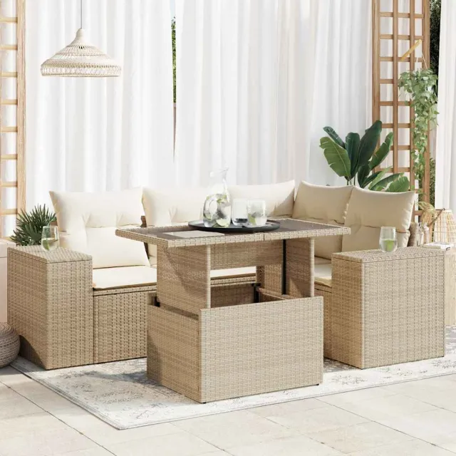 vidaXL 5-delige Loungeset met kussens poly rattan beige, foto 2