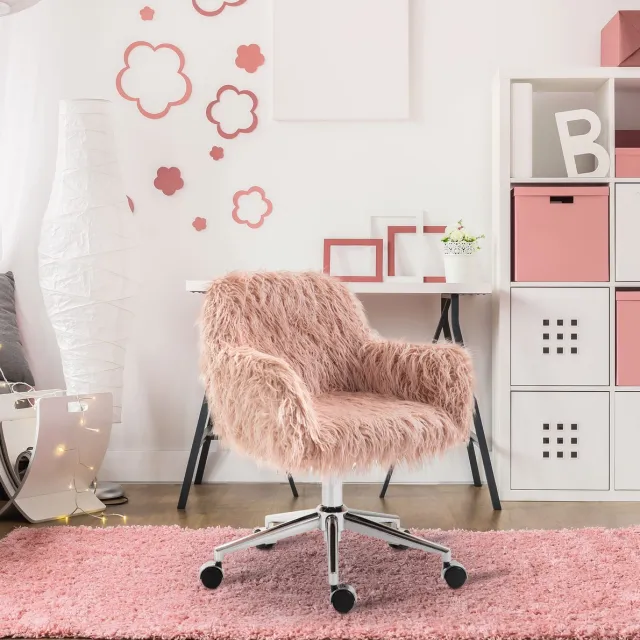 MEUNIQ bureaustoel roze met vaste armleuningen, hoogteverstelbare zitting 42-52 cm, wielen en metalen vijfsteronderstel voor slaapkamer, kleedruimte of werkkamer