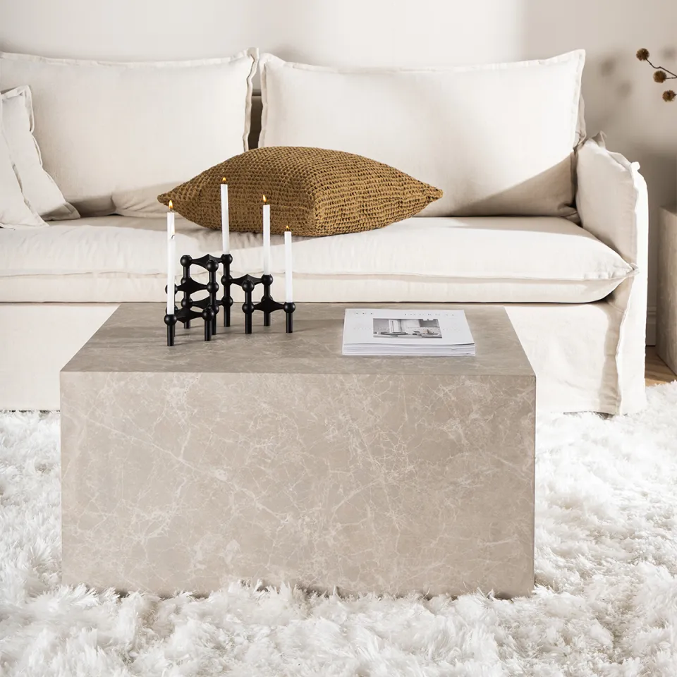 Nest living Zayn houten marmerlook salontafel grijsbeige - 80 x 60 cm, foto 2