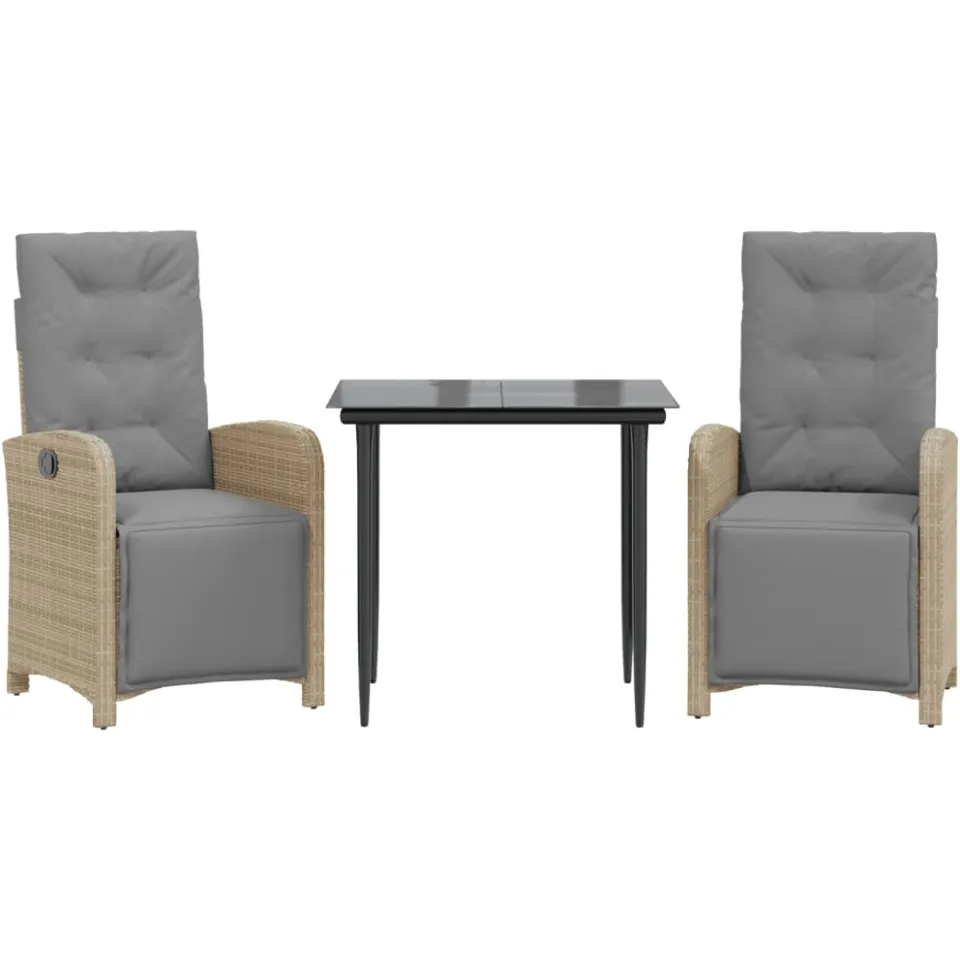 vidaXL 3-delige Bistroset met kussens poly rattan lichtgrijs