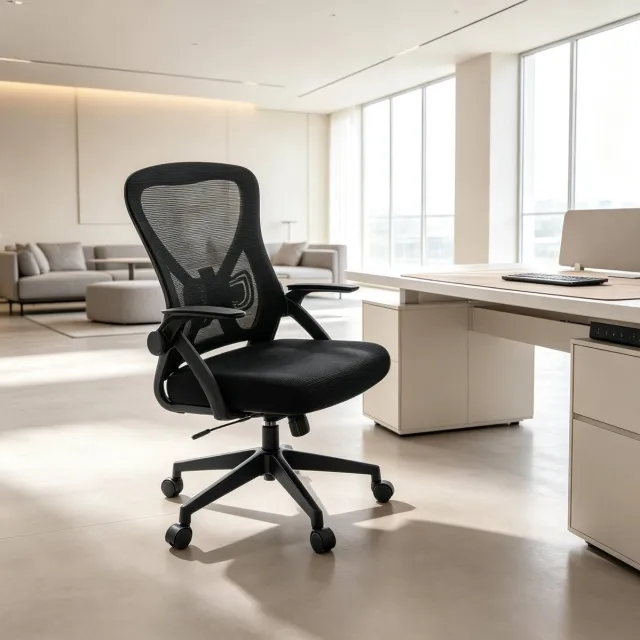 REDOM Bureaustoel - Ergonomisch - Mesh rugleuning - Hoogte verstelbaar - 360° draaibaar - Klapbare armleuningen - Mesh kunststof metaal en PU - Zwart - 47 x 42 x 102-111.5 cm