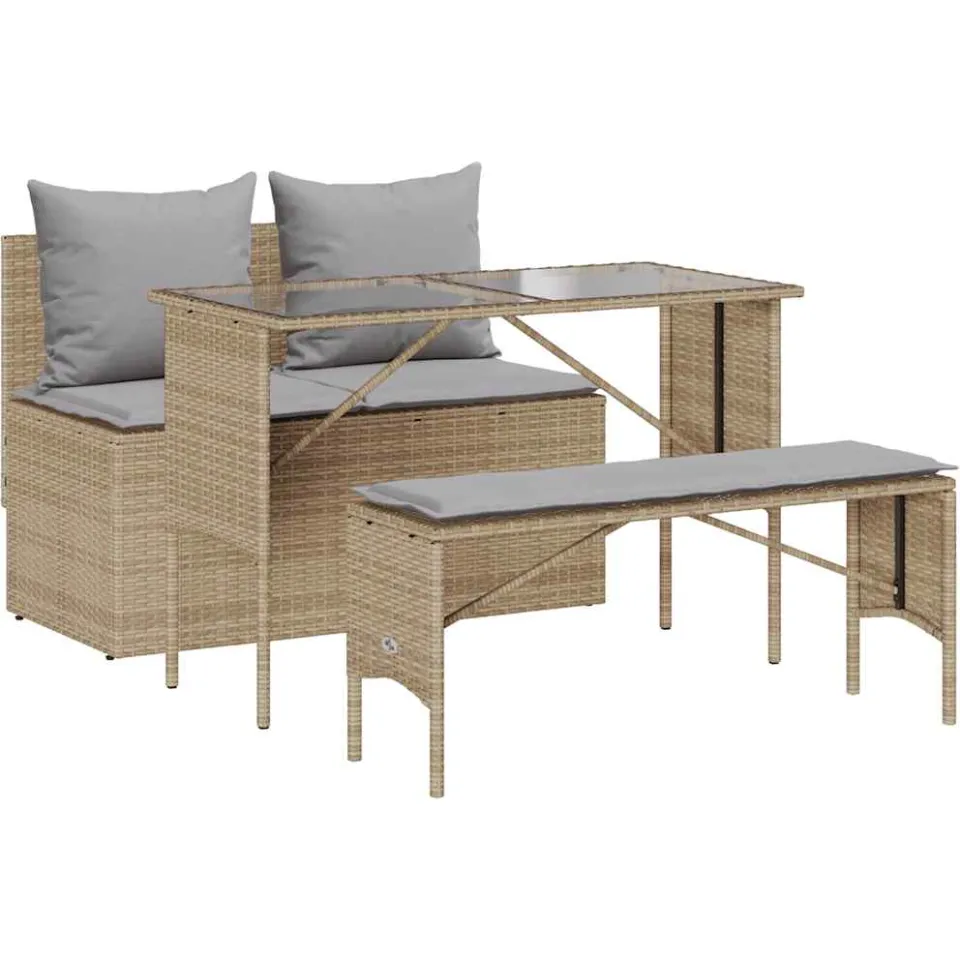 vidaXL 3-delige Tuinset met kussens poly rattan beige