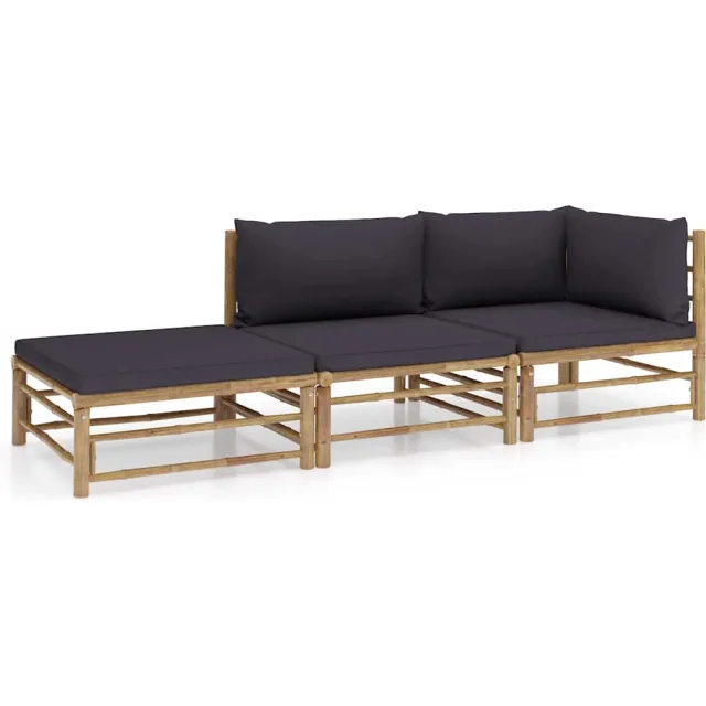 vidaXL 3-delige Loungeset met donkergrijze kussens bamboe Grijs