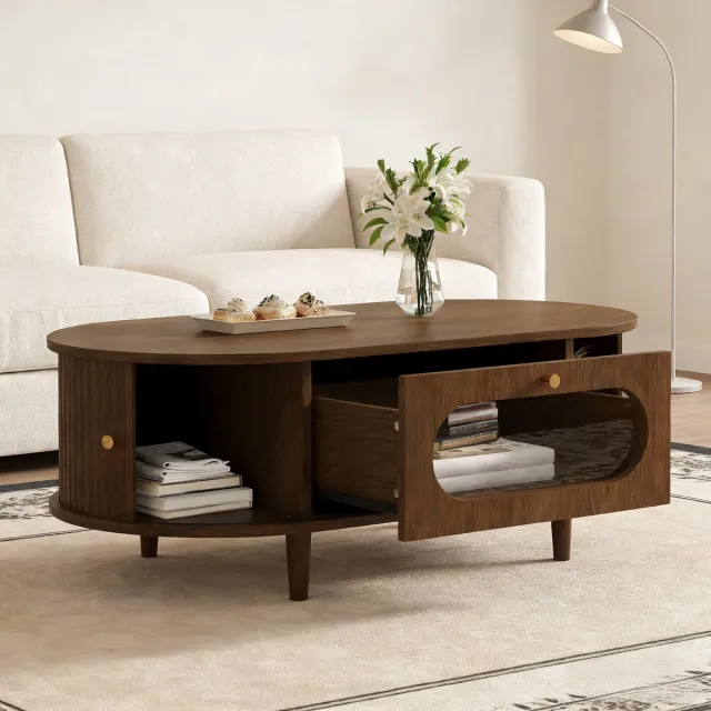 Clruro Salontafel - 100 x 50 x 36 cm - Met Lades Rollo Deur - Opbergruimte - Houtlook - Walnoot