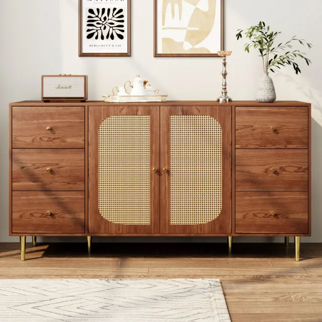 MEUNIQ Dressoir 160 x 40 x 90 cm met 6 lades, 2 deuren en rattan look, MDF, voor woonkamer, eetkamer of hal, houtkleur Wood