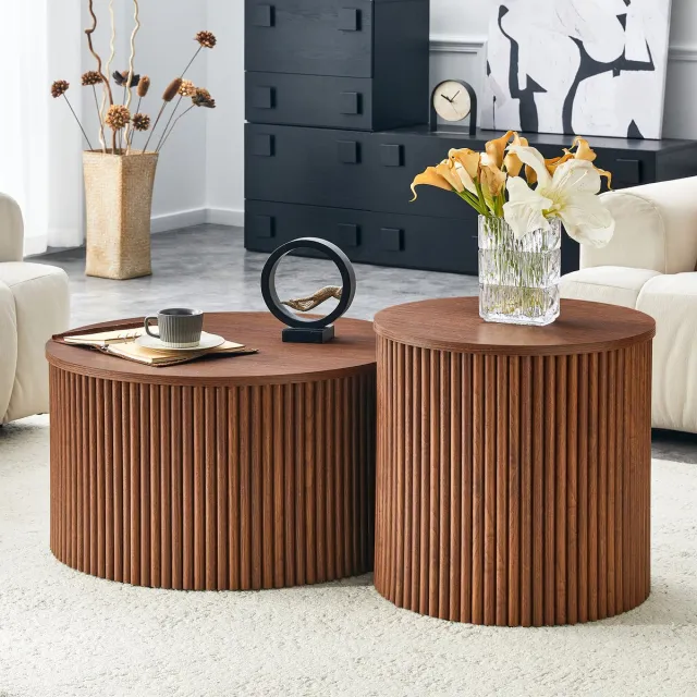 MODENUIT Salontafelset - Nestbare Ronde Tafels Met Opbergruimte - Voor Woonkamer En Slaapkamer - MDF - Walnoot Walnootkleur