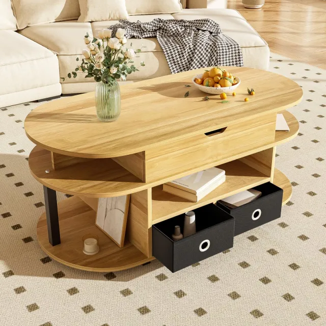 Merax Moderne salontafel - Houtnerf & liftfunctie - Zwarte stoffen lades - Opbergruimte - Veelzijdig en praktisch - Voor woonkamer en kantoor Eik