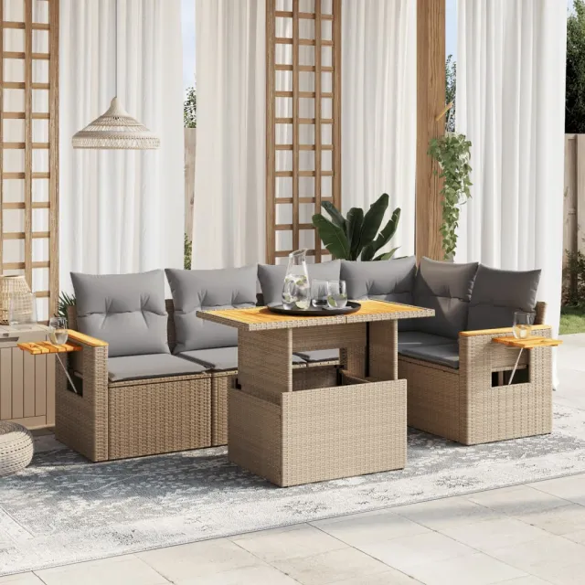 vidaXL 6-delige Loungeset met kussens poly rattan beige, foto 2