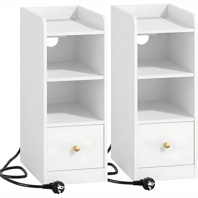Happiq Nachtkastjes Set van 2 – Voor Slaapkamer – Bijzettafel met Oplaadstation, USB & Type-C Aansluiting, 3 Opbergniveaus en 1 Lade – Wit White
