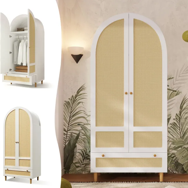 Vovtenza Kledingkast 80x50x180 cm - gemaakt van hout met een rotanlook - witte kledingkast met gebogen design - linnenkast met kledingstang en lade - kledingkast voor slaapkamer - kinderkamer of hal.