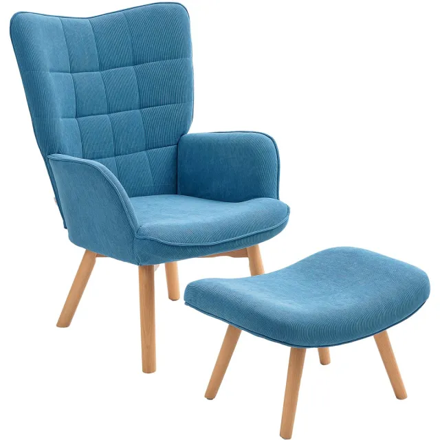 Homona Fauteuil met voetenbank - Cord-look - 72 x 80 x 101 cm - Blauw