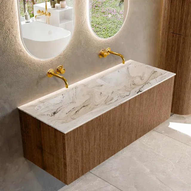 Mondiaz KURVE-DLUX 120 cm Onderkast Greeploos 1 Lade Zonder Deuren Walnut, Wastafel Solid Surface Dubbel Glace 0 Kraangaten Zonder Spiegel (KRVLEA1201L0D0KD-Wal/Gla)