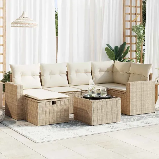 vidaXL 7-delige Loungeset met kussens poly rattan beige