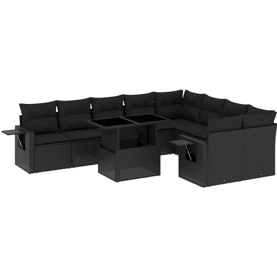 vidaXL 10-delige Loungeset met kussens poly rattan zwart, foto 3