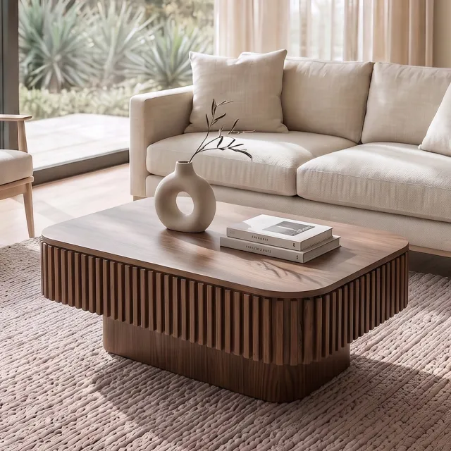 HAUSS SPOLE Salontafel Met Verborgen Opbergruimte En Geribbelde Afwerking Voor Woonkamer Of Kantoor Van MDF En Hout In Walnootkleur 98x60x35 Cm