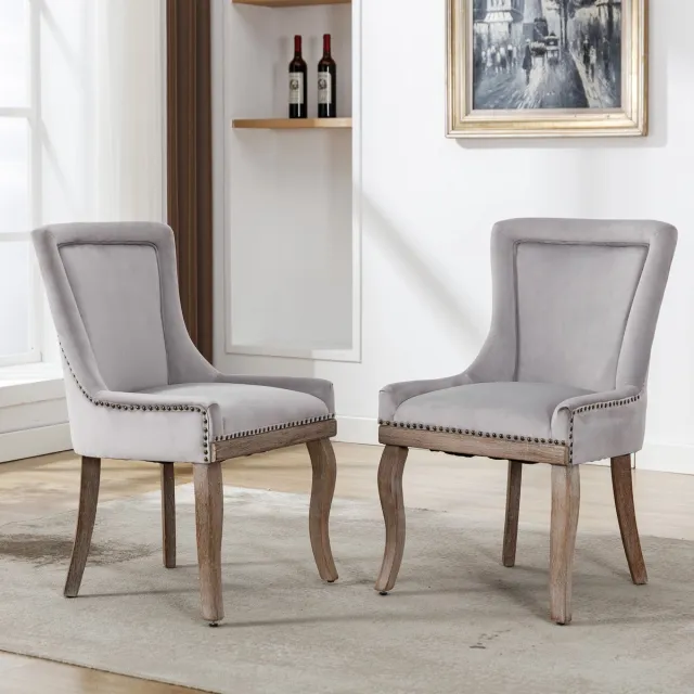 OKWISH Eetkamerstoel – Met Nagelkopafwerking En Decoratief Kussen – Massief Houten 4-Poots Frame Met Verstelbare Voetjes – Geschikt Voor Eetkamer En Restaurant – Fluweel – Grijs