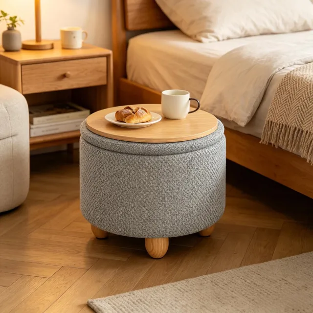 OKWISH Poef Opbergruimte – 39 x 39 x 33 cm – Linnen en Hout – Lichtgrijs – Rond Voetenbankje en Bijzettafel met Dienblad