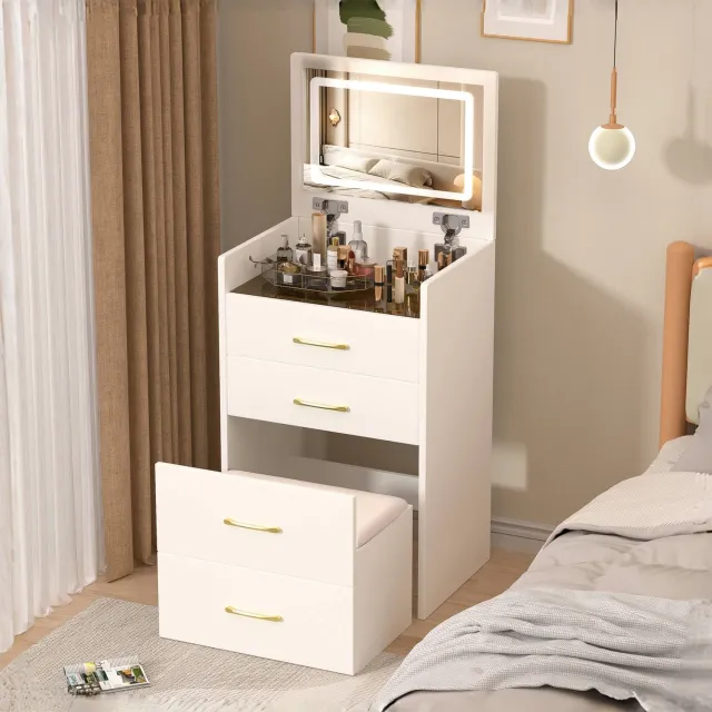 Vovtenza 3-in-1 kaptafel met open spiegel - Kleine kaptafel met transparant glazen blad - Compacte kaptafel met 3 lades - Kaptafel voor de slaapkamer - Afmetingen: B60/H118/D40 cm - Wit