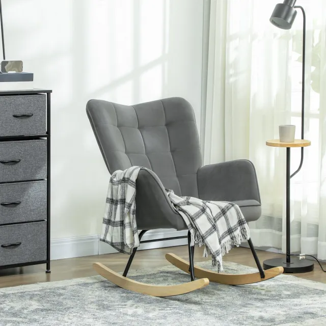 REDOM Schommelstoel - Samtoptiek met hoge rugleuning en armleuningen - Houten glijders - Moderne stijl - Woonkamer en slaapkamer - Velvet - Donkergrijs - 98 x 71 x 101 cm