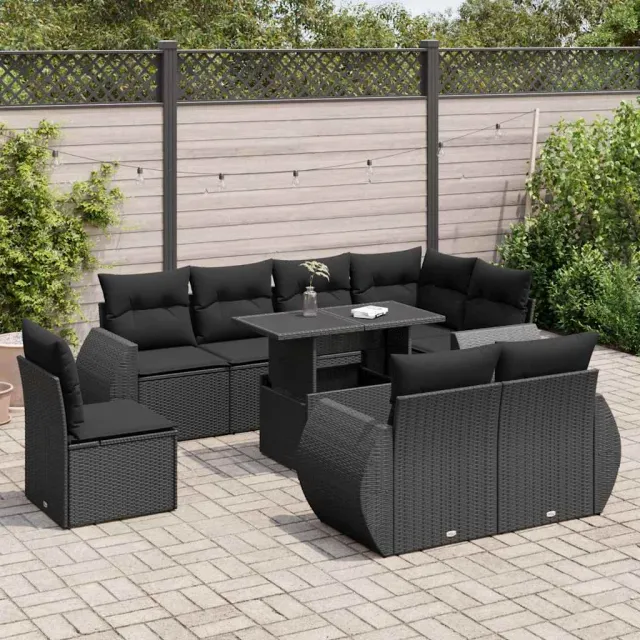 vidaXL 9-delige Loungeset met kussens poly rattan zwart, foto 2