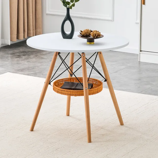 FloraGrace Ronde Eettafel - Compact Met Opbergmand - Massief Hout En MDF - 80 Cm - Wit