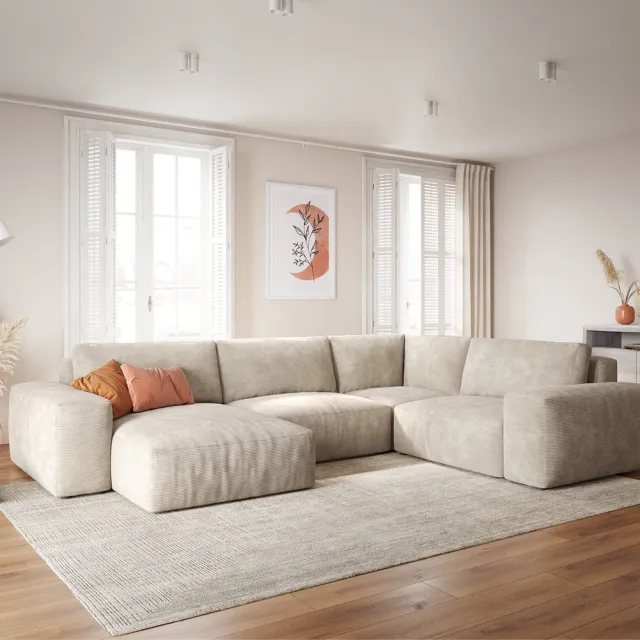 DELIFE Woonlandschap Lanzo XL Corduroy Beige 360x260 cm Recamiere variabel