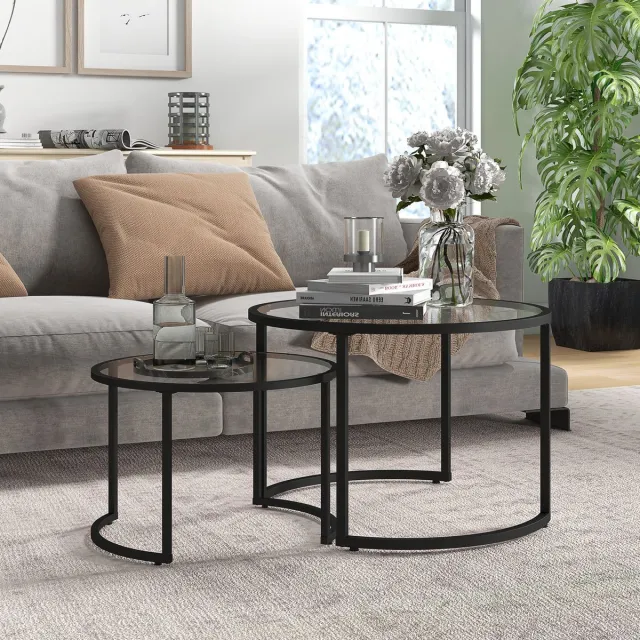HAUSS SPOLE Salontafel - 2 Delige Set Met Stapelbaar Ontwerp - Rond Voor Woonkamer En Lounge - Staal En Gehard Glas - 70 x 47,5 cm - Zwart