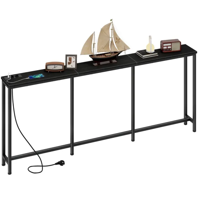 North Collective House of Balance Wandtafel - Console Tafel 200x18x82 cm - Industrieel Design met Laadstations - Smalle Haltafel - Hout en Staal – Hal Woonkamer - Zwart