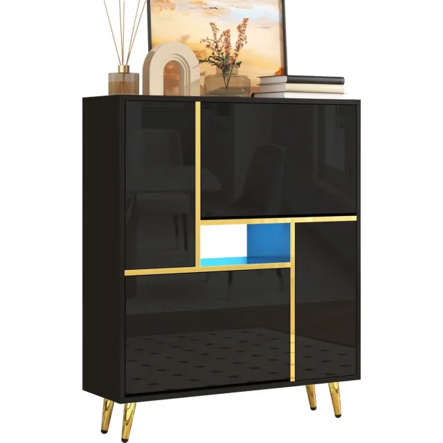 Merax Moderne Schoenenkast met Hoogglans Front en 16-kleurig LED-licht - Zwarte Schoenenkast (80 x 25 x 96 cm)
