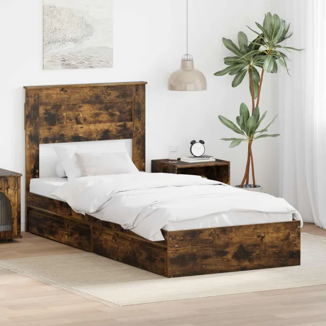 vidaXL Opslag bed met lade Gerookt eiken 75 x 190 cm Bewerkt hout Bruin