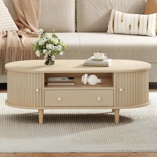 REDOM Ovale Salontafel Met Lade En Open Vakken - Retro - Voor Woonkamer - MDF - Eikenkleur - 100 X 50 X 36 Cm