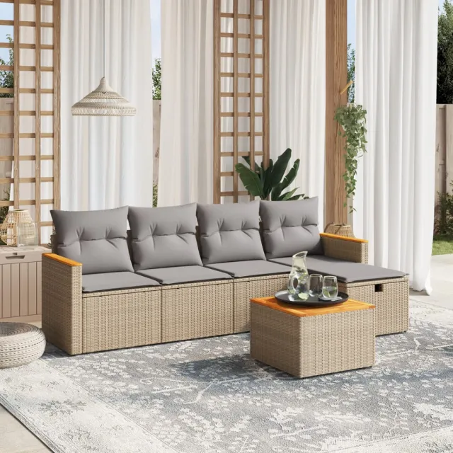 vidaXL 6-delige Loungeset met kussens poly rattan gemengd beige, foto 2