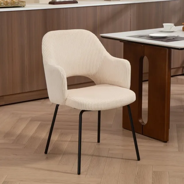 MEUNIQ Eetkamerstoel kuipstoel met armleuningen, ribstof bekleding en metalen poten, 57 x 62,5 x 85,5 cm, beige stoel voor eetkamer of leeshoek