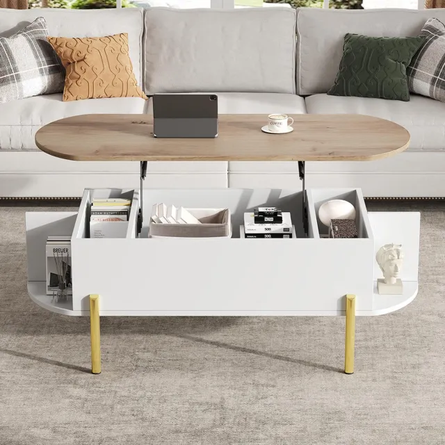 KOMHTOM Salontafel - 120x50x43 cm - In hoogte verstelbaar blad - Verborgen opbergruimte - 7 opbergvakken - Hout + wit