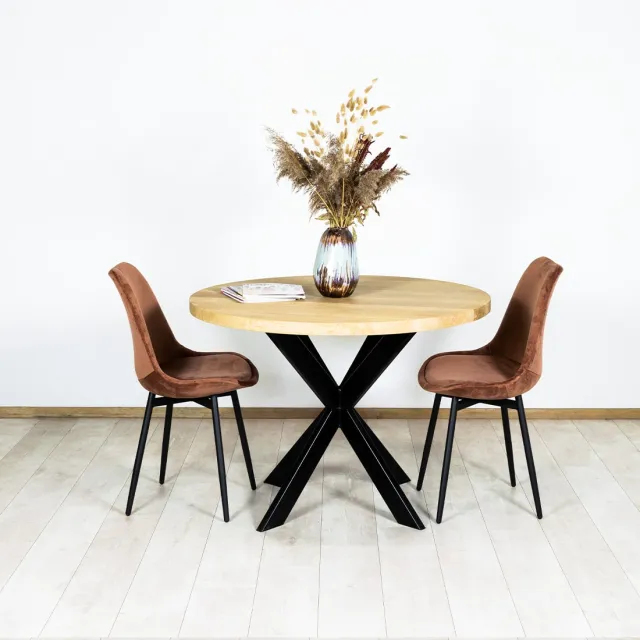 Eikenhouten tafel rond Aneta met stalen poot