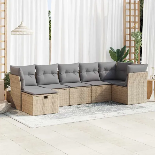 vidaXL 7-delige Loungeset met kussens poly rattan beige