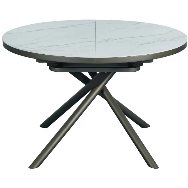 Vente-unique Uitschuifbare eettafel voor 4 tot 6 personen van keramiek, MDF en metaal - Wit marmereffect en brons - FEROLA
