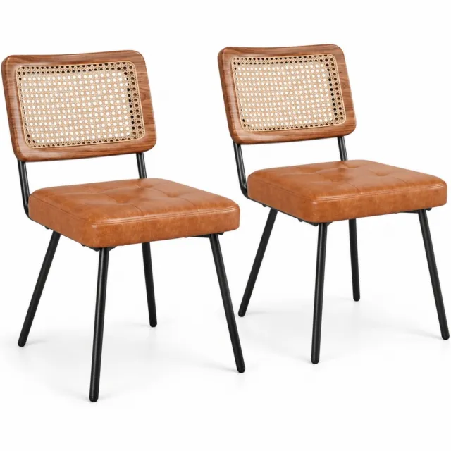 City long dragon LONG DRAGON - Eetkamerstoelen - Set van 2 - Kunstleer en rotan rugleuning - Ergonomisch ontwerp - Ook als kaptafelstoel - Retro bruin